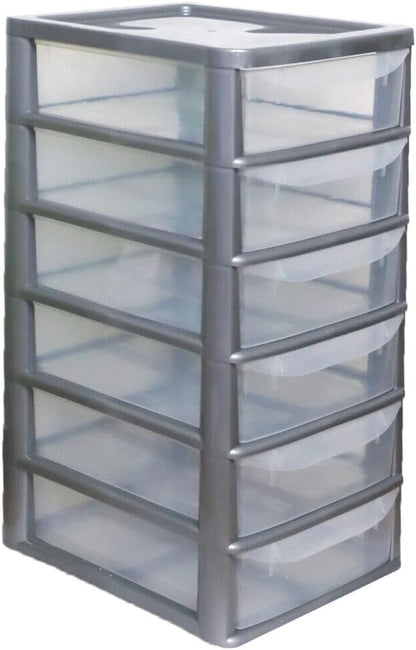 PLASTIC STORAGE DRAWERS 6 TIER A4| SMALL CLEAR BLACK & SILVER TOWER UNIT | OFFICE DESKTOP TABLETOP ORGANISER HOME SCHOOL BEDROOM LIVING ROOM | 62 cm HEIGHT, 38 cm DEPTH, 38 cm WIDTH