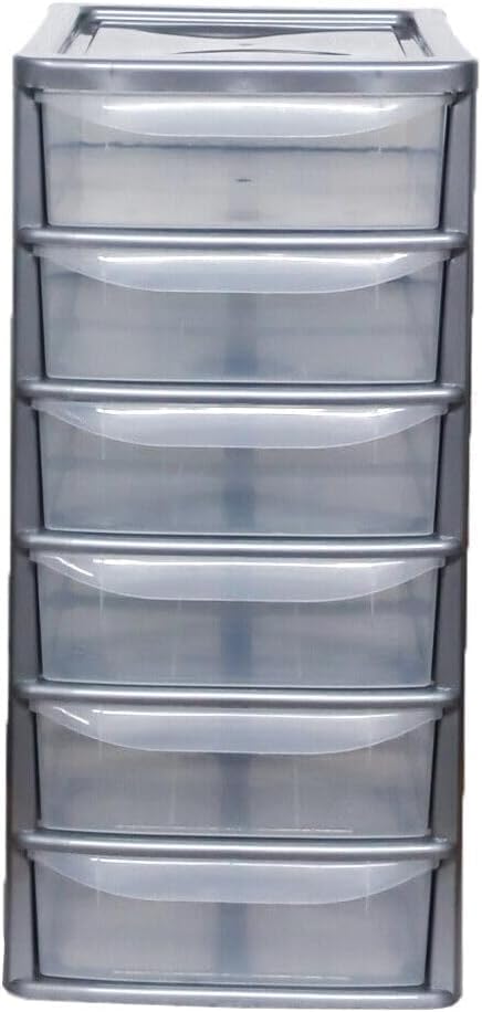 PLASTIC STORAGE DRAWERS 6 TIER A4| SMALL CLEAR BLACK & SILVER TOWER UNIT | OFFICE DESKTOP TABLETOP ORGANISER HOME SCHOOL BEDROOM LIVING ROOM | 62 cm HEIGHT, 38 cm DEPTH, 38 cm WIDTH
