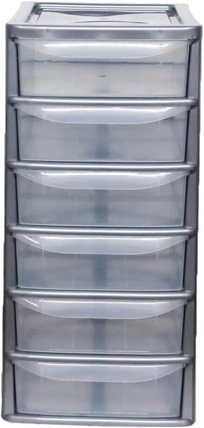 PLASTIC STORAGE DRAWERS 6 TIER A4| SMALL CLEAR BLACK & SILVER TOWER UNIT | OFFICE DESKTOP TABLETOP ORGANISER HOME SCHOOL BEDROOM LIVING ROOM | 62 cm HEIGHT, 38 cm DEPTH, 38 cm WIDTH
