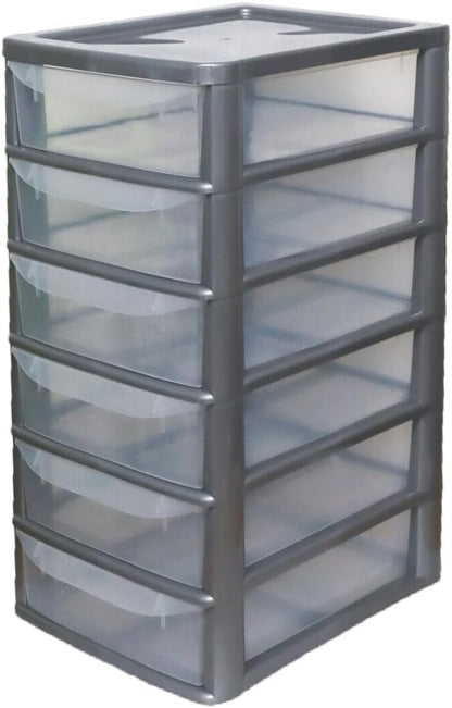 PLASTIC STORAGE DRAWERS 6 TIER A4| SMALL CLEAR BLACK & SILVER TOWER UNIT | OFFICE DESKTOP TABLETOP ORGANISER HOME SCHOOL BEDROOM LIVING ROOM | 62 cm HEIGHT, 38 cm DEPTH, 38 cm WIDTH