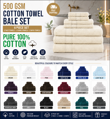 6 Piece 500GSM Cotton Towel Set – Face, Hand & Bath Towels – 13 Colours Available