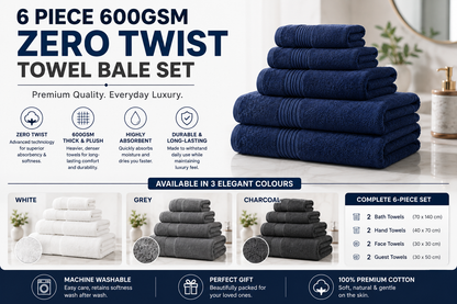6 Piece 600GSM Zero Twist Towel Bale Set | 100% Egyptian Cotton