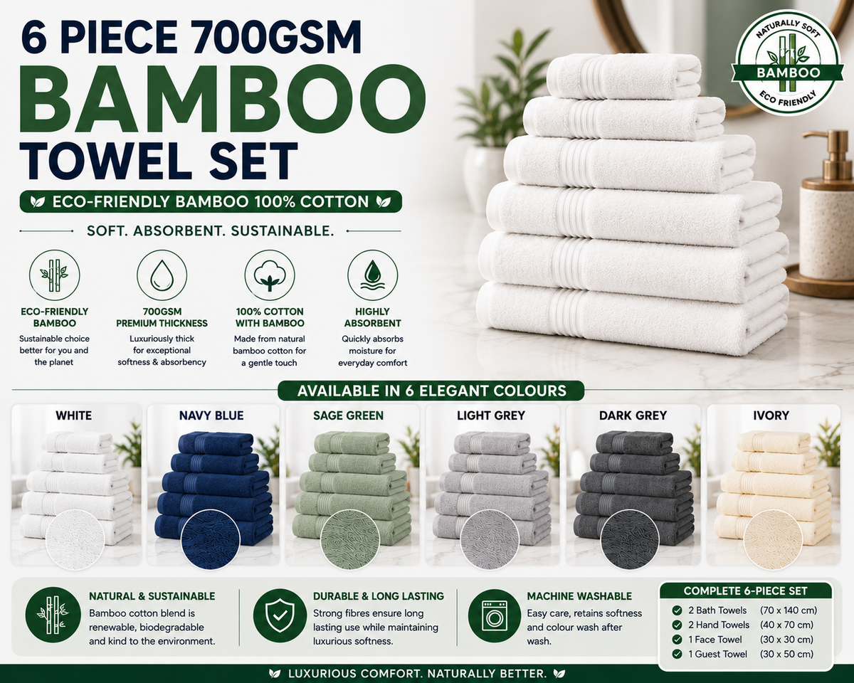 6pcs 700GSM Bamboo Towel Set | Ultimate Bamboo 100% Cotton Bale — 4 Sizes