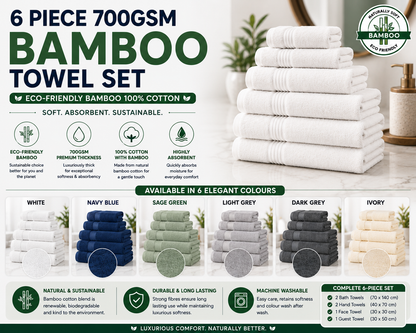 6pcs 700GSM Bamboo Towel Set | Ultimate Bamboo 100% Cotton Bale — 4 Sizes