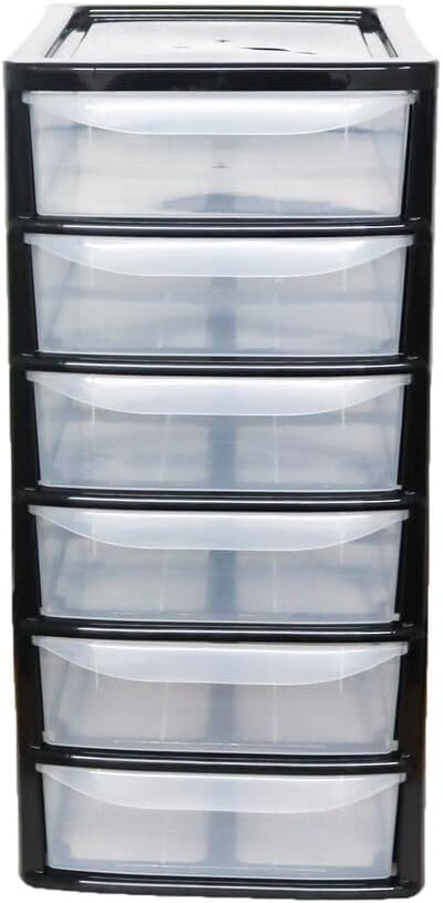 PLASTIC STORAGE DRAWERS 6 TIER A4| SMALL CLEAR BLACK & SILVER TOWER UNIT | OFFICE DESKTOP TABLETOP ORGANISER HOME SCHOOL BEDROOM LIVING ROOM | 62 cm HEIGHT, 38 cm DEPTH, 38 cm WIDTH