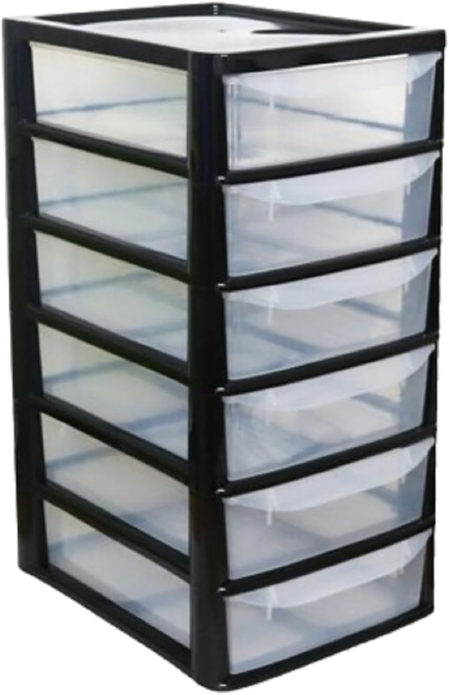 PLASTIC STORAGE DRAWERS 6 TIER A4| SMALL CLEAR BLACK & SILVER TOWER UNIT | OFFICE DESKTOP TABLETOP ORGANISER HOME SCHOOL BEDROOM LIVING ROOM | 62 cm HEIGHT, 38 cm DEPTH, 38 cm WIDTH