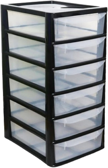 PLASTIC STORAGE DRAWERS 6 TIER A4| SMALL CLEAR BLACK & SILVER TOWER UNIT | OFFICE DESKTOP TABLETOP ORGANISER HOME SCHOOL BEDROOM LIVING ROOM | 62 cm HEIGHT, 38 cm DEPTH, 38 cm WIDTH