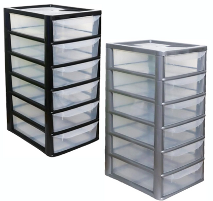 PLASTIC STORAGE DRAWERS 6 TIER A4| SMALL CLEAR BLACK & SILVER TOWER UNIT | OFFICE DESKTOP TABLETOP ORGANISER HOME SCHOOL BEDROOM LIVING ROOM | 62 cm HEIGHT, 38 cm DEPTH, 38 cm WIDTH