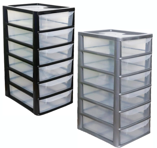 PLASTIC STORAGE DRAWERS 6 TIER A4| SMALL CLEAR BLACK & SILVER TOWER UNIT | OFFICE DESKTOP TABLETOP ORGANISER HOME SCHOOL BEDROOM LIVING ROOM | 62 cm HEIGHT, 38 cm DEPTH, 38 cm WIDTH