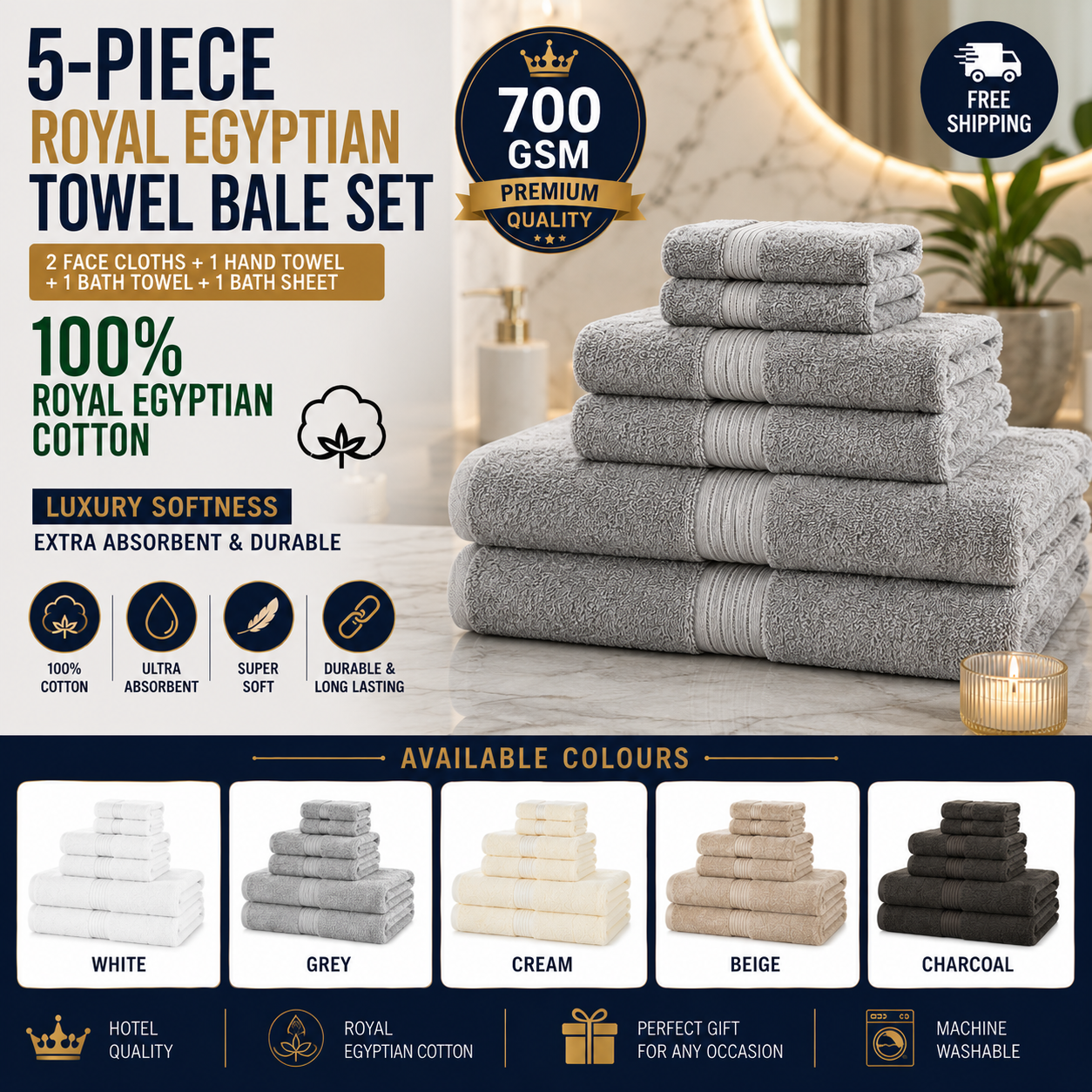 5-Piece 700GSM Royal Egyptian Cotton Towel Bale Set — 2 Face Cloths + 1 Hand + 1 Bath + 1 Bath Sheet (5 Colours)