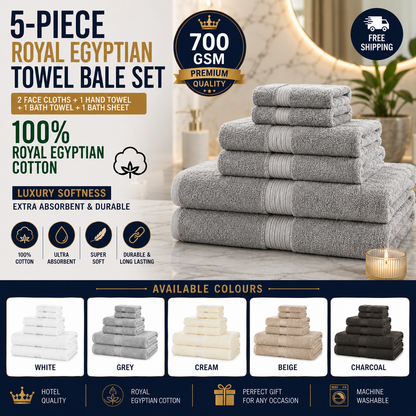 5-Piece 700GSM Royal Egyptian Cotton Towel Bale Set — 2 Face Cloths + 1 Hand + 1 Bath + 1 Bath Sheet (5 Colours)