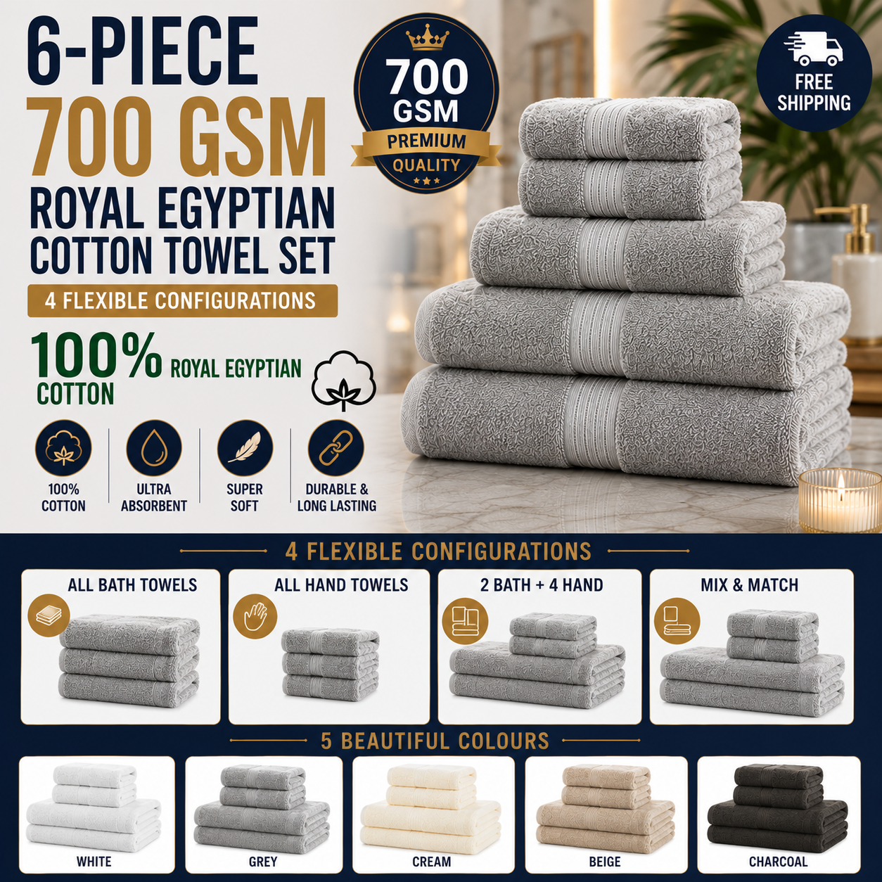 6-Piece 700GSM Royal Egyptian Cotton Towel Bale Set — 4 Flexible Configurations (5 Colours)