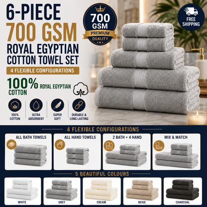 6-Piece 700GSM Royal Egyptian Cotton Towel Bale Set — 4 Flexible Configurations (5 Colours)