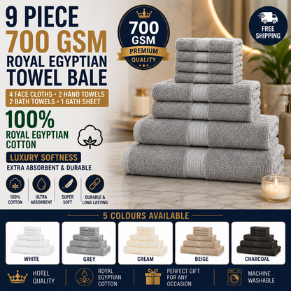 9 Piece 700 GSM Royal Egyptian Towel Bale - 4 Face Cloths, 2 Hand Towels, 2 Bath Towels, 1 Bath Sheet