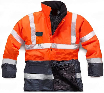 Men’s Hi Vis Safety Parka Jackets Reflective Waterproof Workwear Padded Top Security Hooded Long Coats