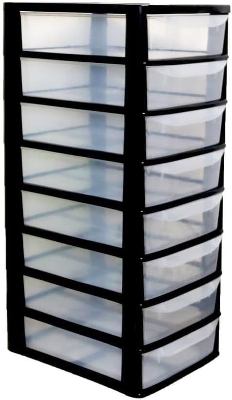 PLASTIC STORAGE DRAWERS 8 TIER A4| SMALL CLEAR BLACK & SILVER TOWER UNIT | OFFICE DESKTOP TABLETOP ORGANISER HOME SCHOOL BEDROOM LIVING ROOM | 62 cm HEIGHT, 38 cm DEPTH, 38 cm WIDTH