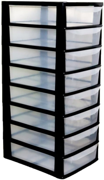 PLASTIC STORAGE DRAWERS 8 TIER A4| SMALL CLEAR BLACK & SILVER TOWER UNIT | OFFICE DESKTOP TABLETOP ORGANISER HOME SCHOOL BEDROOM LIVING ROOM | 62 cm HEIGHT, 38 cm DEPTH, 38 cm WIDTH