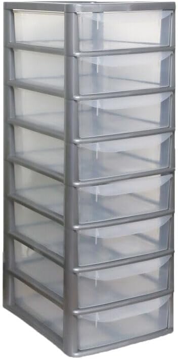 PLASTIC STORAGE DRAWERS 8 TIER A4| SMALL CLEAR BLACK & SILVER TOWER UNIT | OFFICE DESKTOP TABLETOP ORGANISER HOME SCHOOL BEDROOM LIVING ROOM | 62 cm HEIGHT, 38 cm DEPTH, 38 cm WIDTH