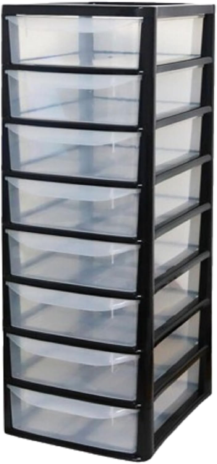 PLASTIC STORAGE DRAWERS 8 TIER A4| SMALL CLEAR BLACK & SILVER TOWER UNIT | OFFICE DESKTOP TABLETOP ORGANISER HOME SCHOOL BEDROOM LIVING ROOM | 62 cm HEIGHT, 38 cm DEPTH, 38 cm WIDTH