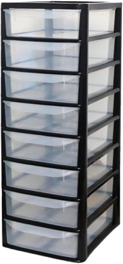 PLASTIC STORAGE DRAWERS 8 TIER A4| SMALL CLEAR BLACK & SILVER TOWER UNIT | OFFICE DESKTOP TABLETOP ORGANISER HOME SCHOOL BEDROOM LIVING ROOM | 62 cm HEIGHT, 38 cm DEPTH, 38 cm WIDTH