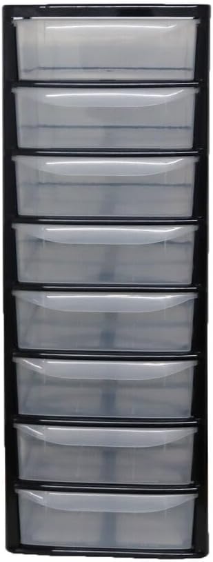 PLASTIC STORAGE DRAWERS 8 TIER A4| SMALL CLEAR BLACK & SILVER TOWER UNIT | OFFICE DESKTOP TABLETOP ORGANISER HOME SCHOOL BEDROOM LIVING ROOM | 62 cm HEIGHT, 38 cm DEPTH, 38 cm WIDTH