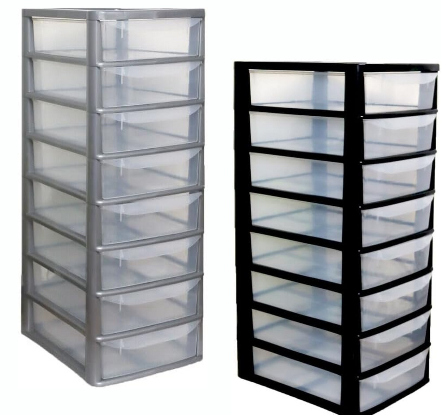 PLASTIC STORAGE DRAWERS 8 TIER A4| SMALL CLEAR BLACK & SILVER TOWER UNIT | OFFICE DESKTOP TABLETOP ORGANISER HOME SCHOOL BEDROOM LIVING ROOM | 62 cm HEIGHT, 38 cm DEPTH, 38 cm WIDTH