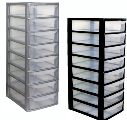 PLASTIC STORAGE DRAWERS 8 TIER A4| SMALL CLEAR BLACK & SILVER TOWER UNIT | OFFICE DESKTOP TABLETOP ORGANISER HOME SCHOOL BEDROOM LIVING ROOM | 62 cm HEIGHT, 38 cm DEPTH, 38 cm WIDTH
