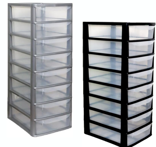 PLASTIC STORAGE DRAWERS 8 TIER A4| SMALL CLEAR BLACK & SILVER TOWER UNIT | OFFICE DESKTOP TABLETOP ORGANISER HOME SCHOOL BEDROOM LIVING ROOM | 62 cm HEIGHT, 38 cm DEPTH, 38 cm WIDTH