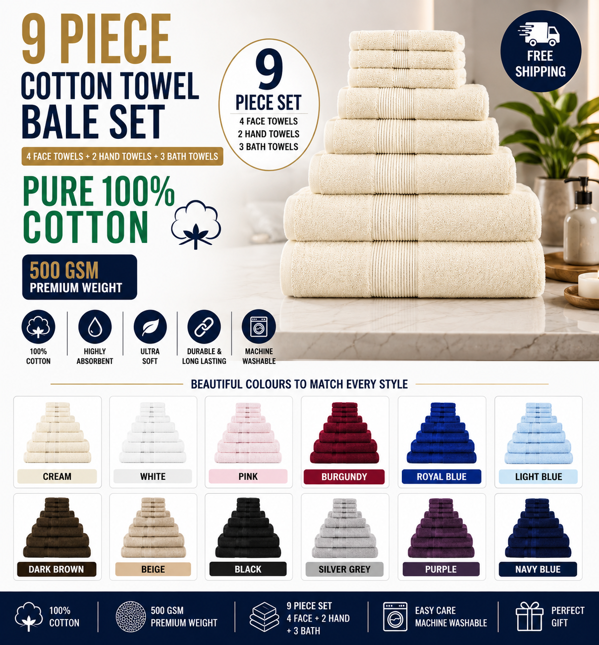 9 Piece 500GSM Towel Bale Set - 4 Face Cloths, 2 Hand Towels, 2 Bath Towels, 1 Bath Sheet - 13 colours