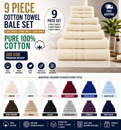 9 Piece 500GSM Towel Bale Set - 4 Face Cloths, 2 Hand Towels, 2 Bath Towels, 1 Bath Sheet - 13 colours