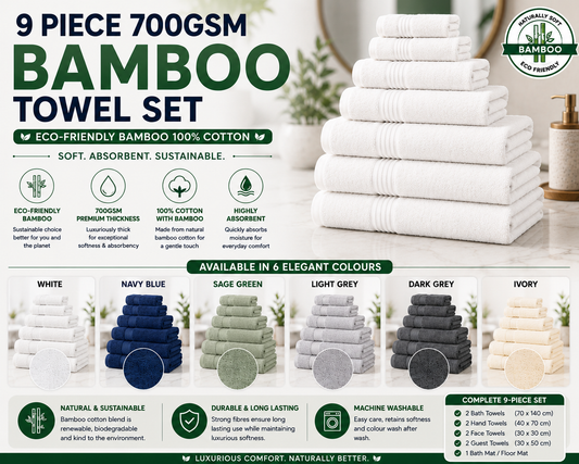 9 Piece 700GSM Bamboo Towel Set - 4 Face Cloths, 2 Hand Towels, 2 Bath Towels, 1 Bath Sheet