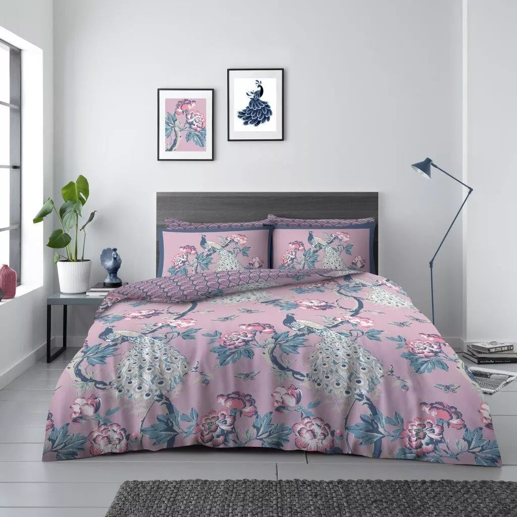 Duvet Set Alexia Bird Reversible Duvet Quilt Cover & Pillow Case Bedding Bed Set Pink Single Double King