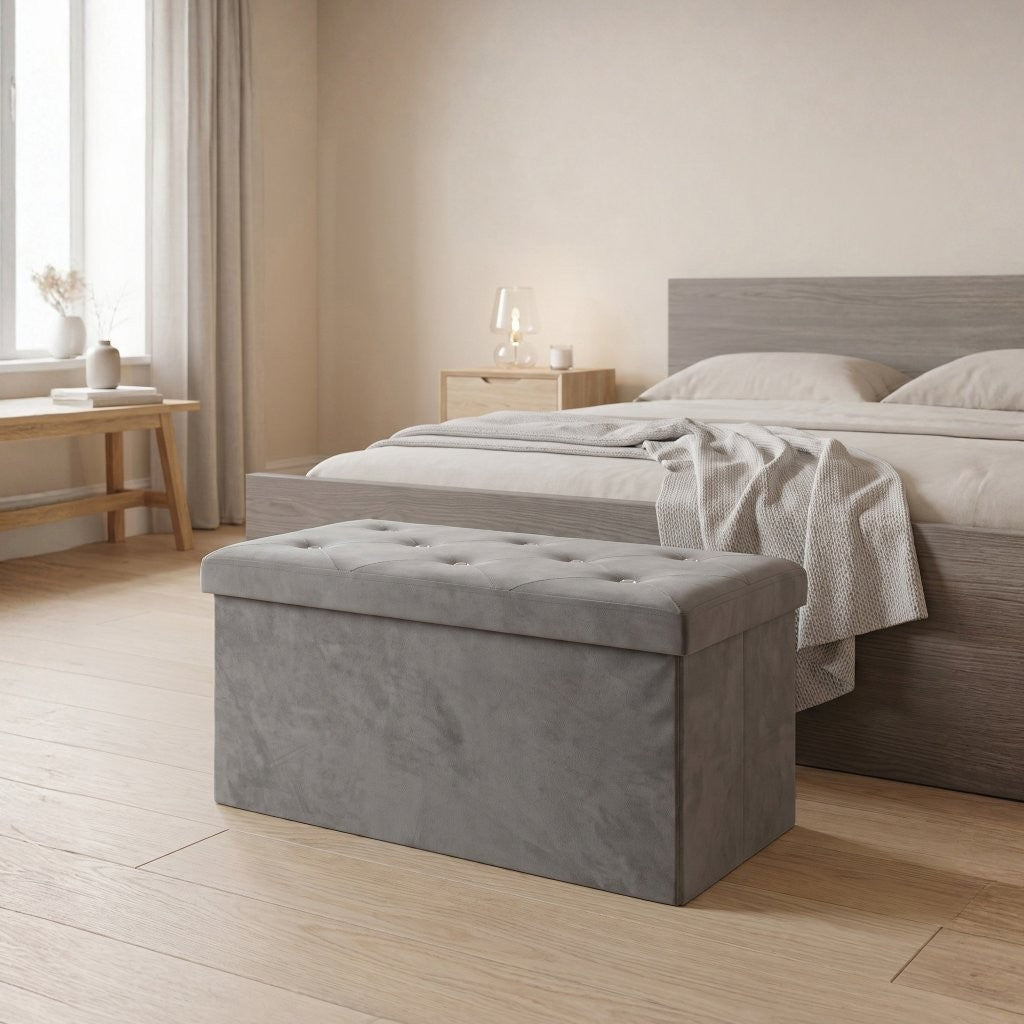 Alfredo Diamond Storage Ottoman – Velvet Folding Storage Box with Diamanté Detail | Black, Grey, Charcoal, Mink & Pink