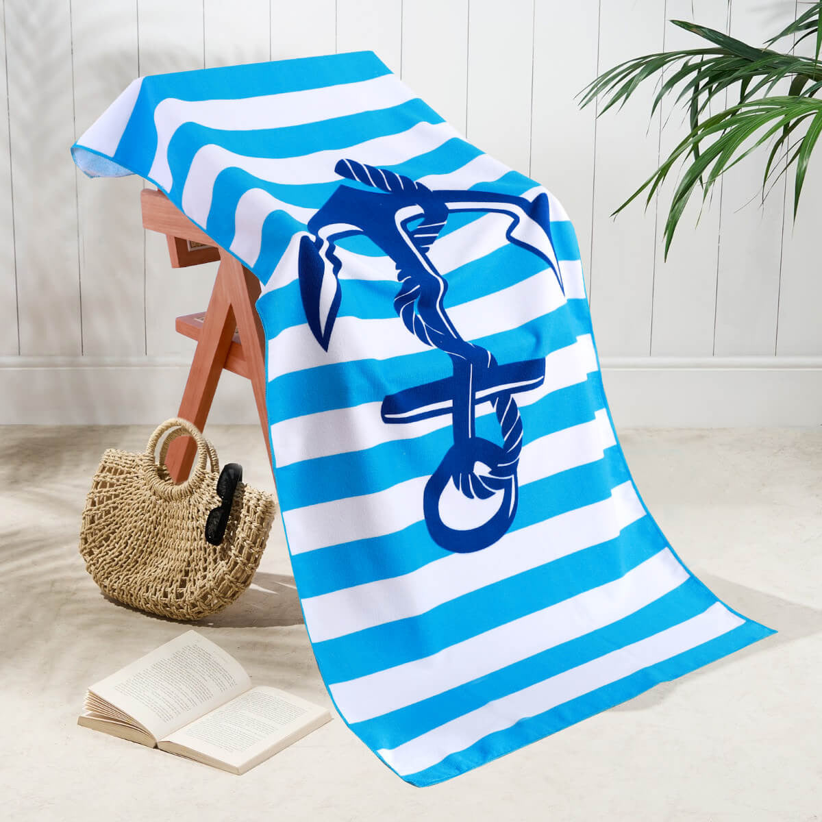 Anchor Design Microfibre Beach Towel 70x150cm nautical anchor print quick-dry sand-free lightweight