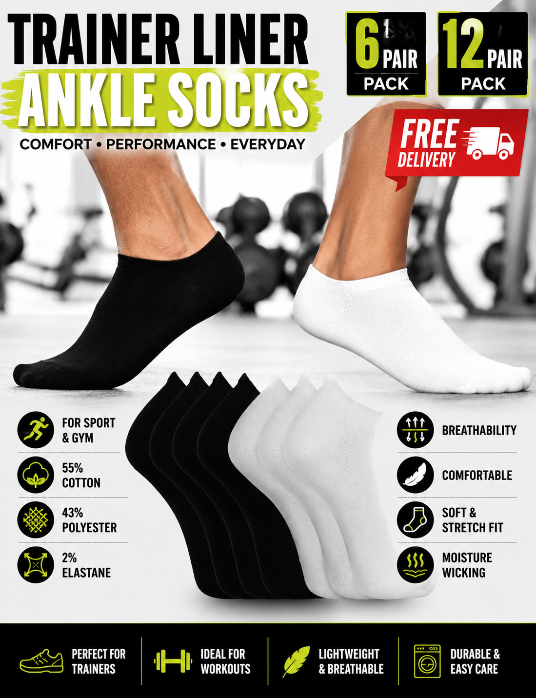 Mens Trainer Liner Ankle Socks 6 / 12 Pairs – Low Cut Sport Gym Socks Size 11-14