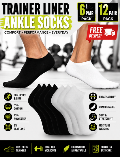 Mens Trainer Liner Ankle Socks 6 / 12 Pairs – Low Cut Sport Gym Socks Size 11-14