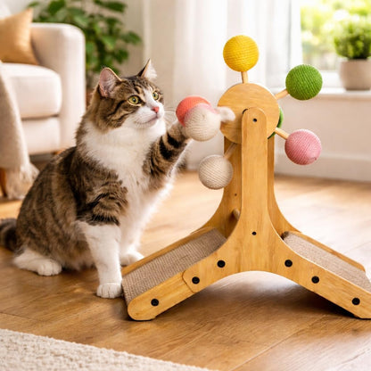 Sisal Cat Scratcher with Rotating Ball – Wooden Interactive Scratching Post for Indoor Cats