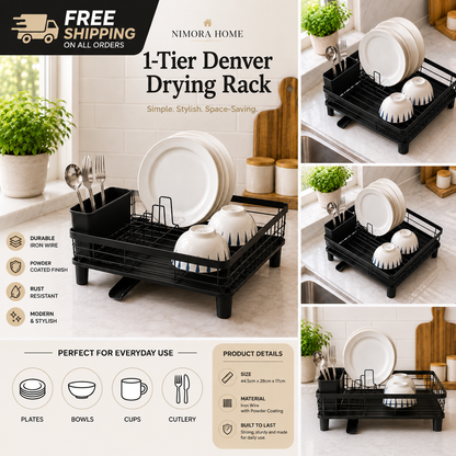 1-tier black stainless steel dish drainer rack with drip tray