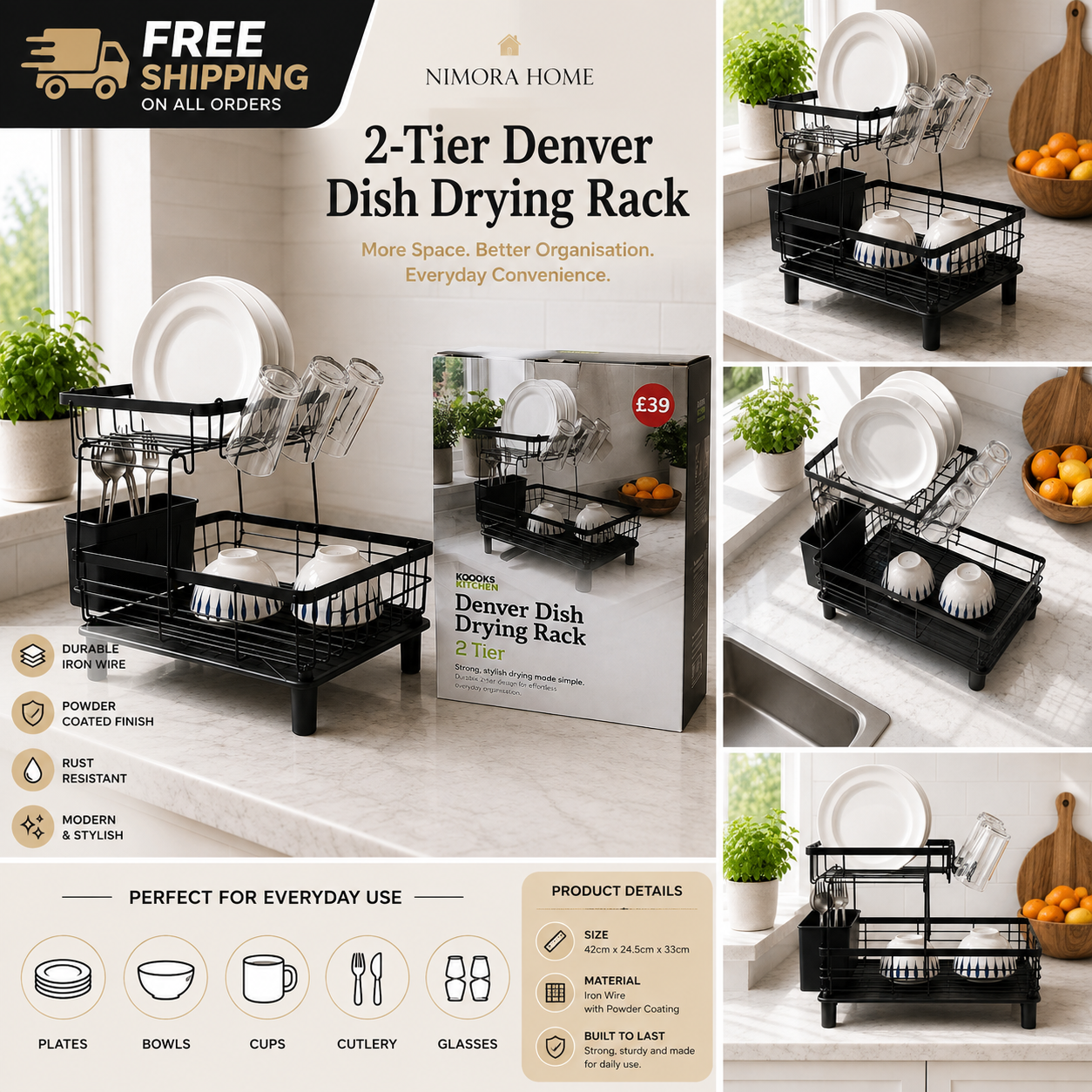 2-tier black stainless steel dish drainer rack with drip tray