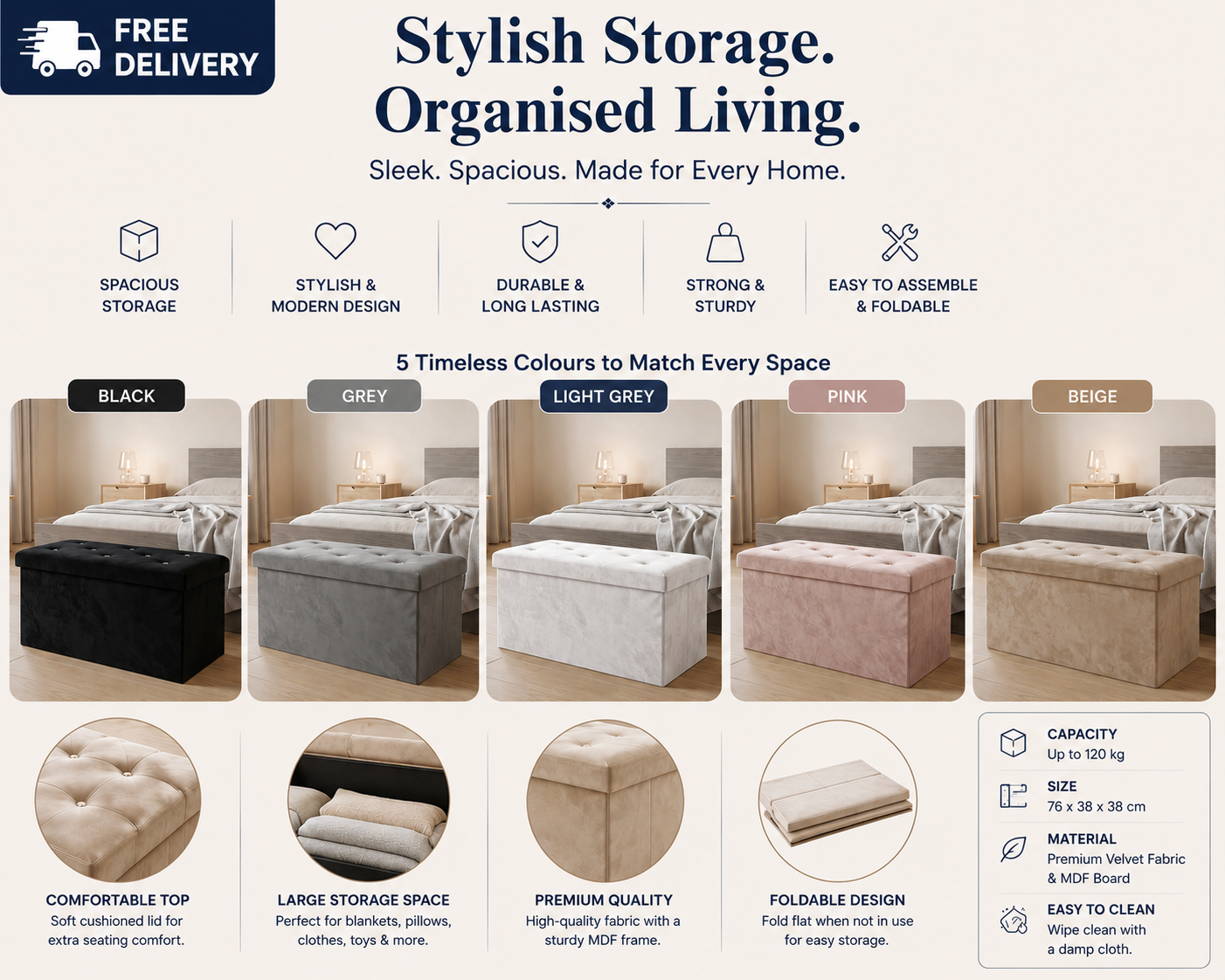 Alfredo Diamond Storage Ottoman – Velvet Folding Storage Box with Diamanté Detail | Black, Grey, Charcoal, Mink & Pink