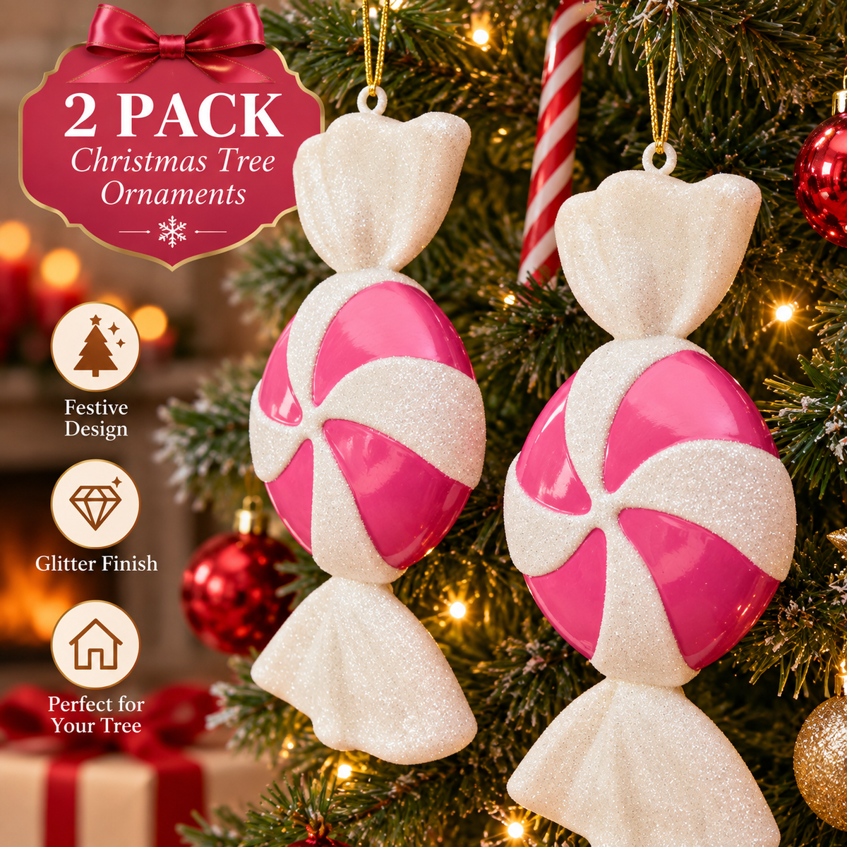 2 Pack XL Sweet Decorations - White/Pink | Christmas Tree Ornaments
