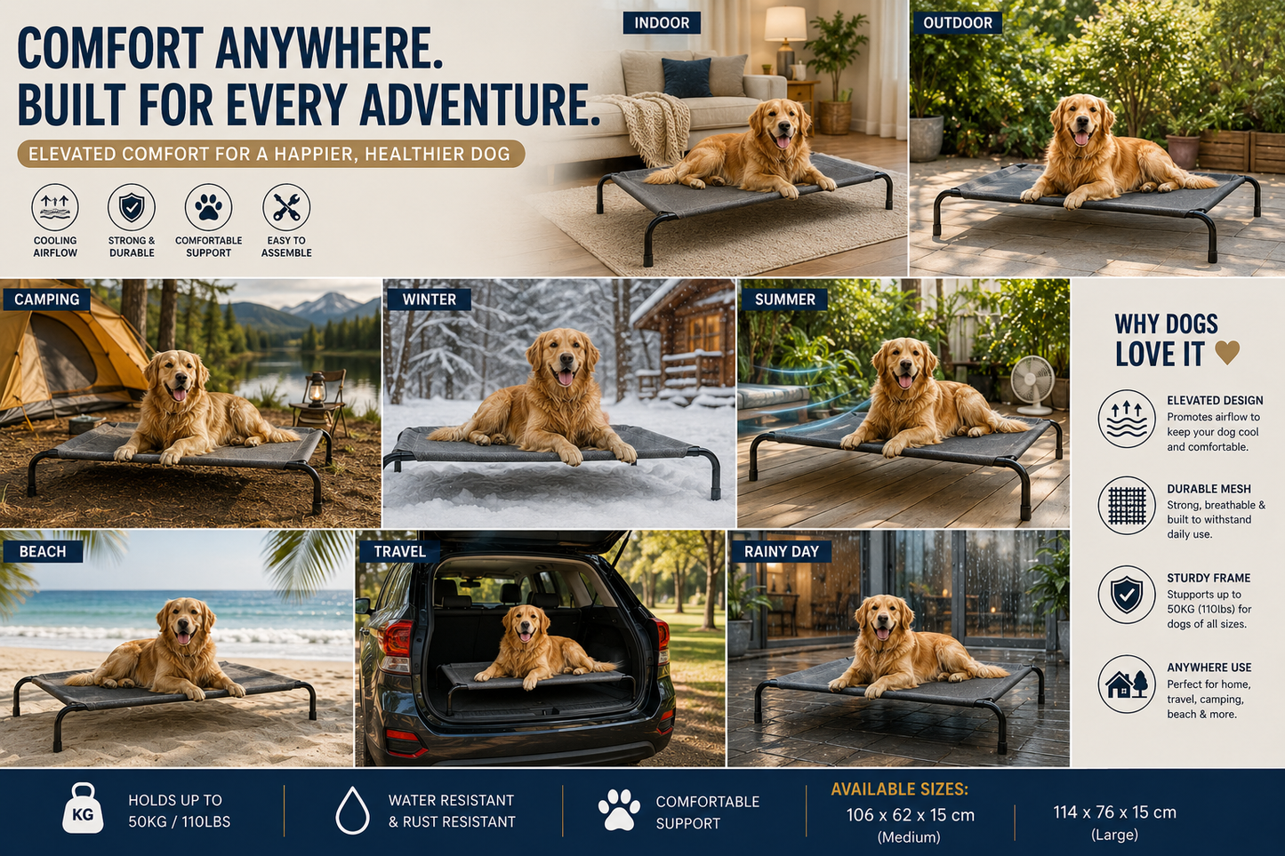 Raised cooling dog bed with breathable mesh – keeps your dog safe and warm off the cold floor – Nimora Home