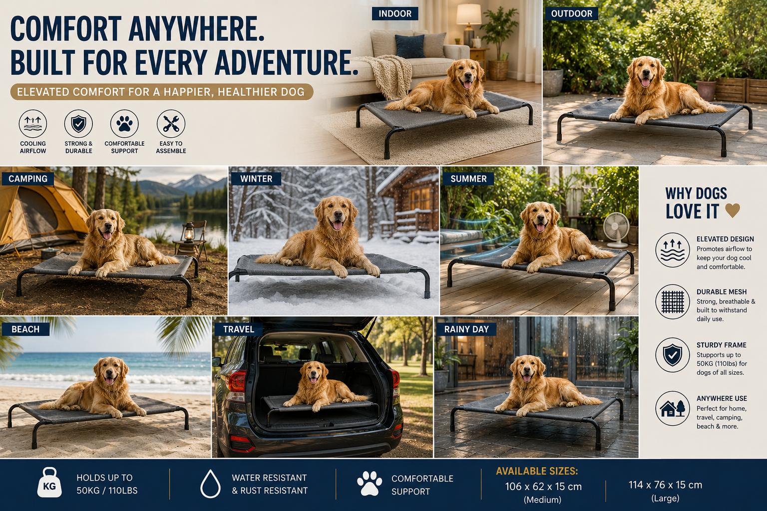 Raised cooling dog bed with breathable mesh – keeps your dog safe and warm off the cold floor – Nimora Home