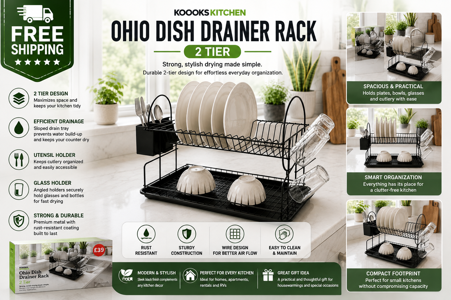 A promotional infographic for the Kooko's Kitchen Ohio Dish Drainer Rack, showing a 2-tier black metal rack with white dishes. The graphic includes product features, benefits, dimensions, and lifestyle images of the rack in use on kitchen counters.