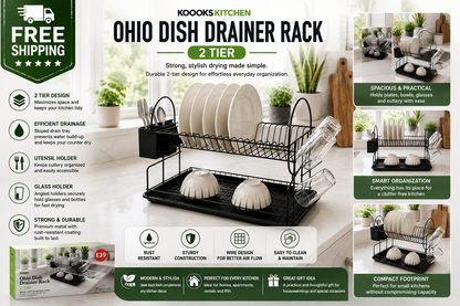 A promotional infographic for the Kooko's Kitchen Ohio Dish Drainer Rack, showing a 2-tier black metal rack with white dishes. The graphic includes product features, benefits, dimensions, and lifestyle images of the rack in use on kitchen counters.