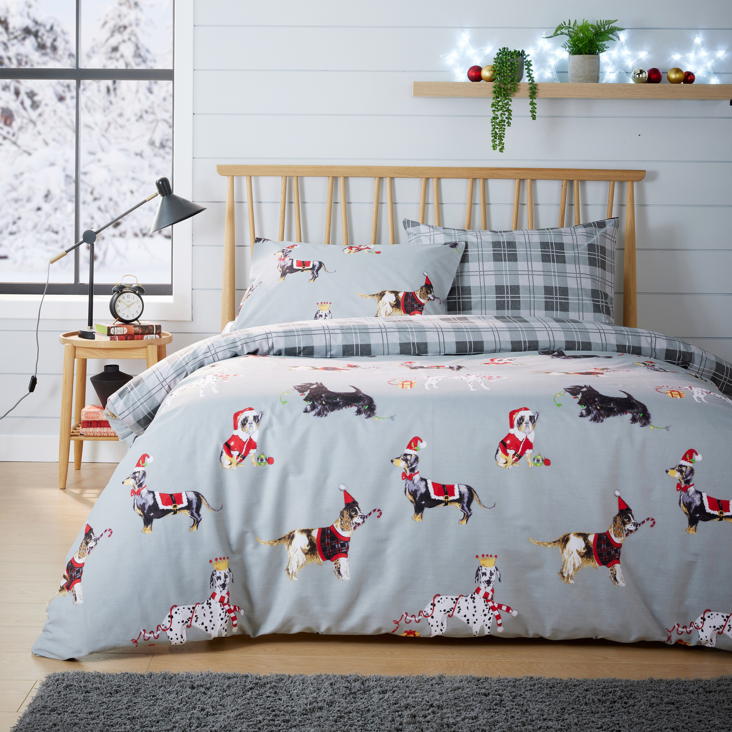 Christmas Dogs Duvet Cover Set Puppies White Grey Reversible Super Soft Easy Care Cute Animal Print Quilt Bedding Bed Sets with Pillowcase