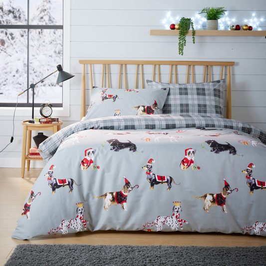 Christmas Dogs Duvet Cover Set Puppies White Grey Reversible Super Soft Easy Care Cute Animal Print Quilt Bedding Bed Sets with Pillowcase