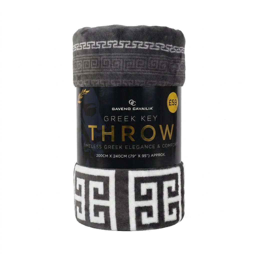 Lexicon Greek Key Throw – Luxury Sherpa Fleece Blanket | Grey, Natural, Charcoal & Black