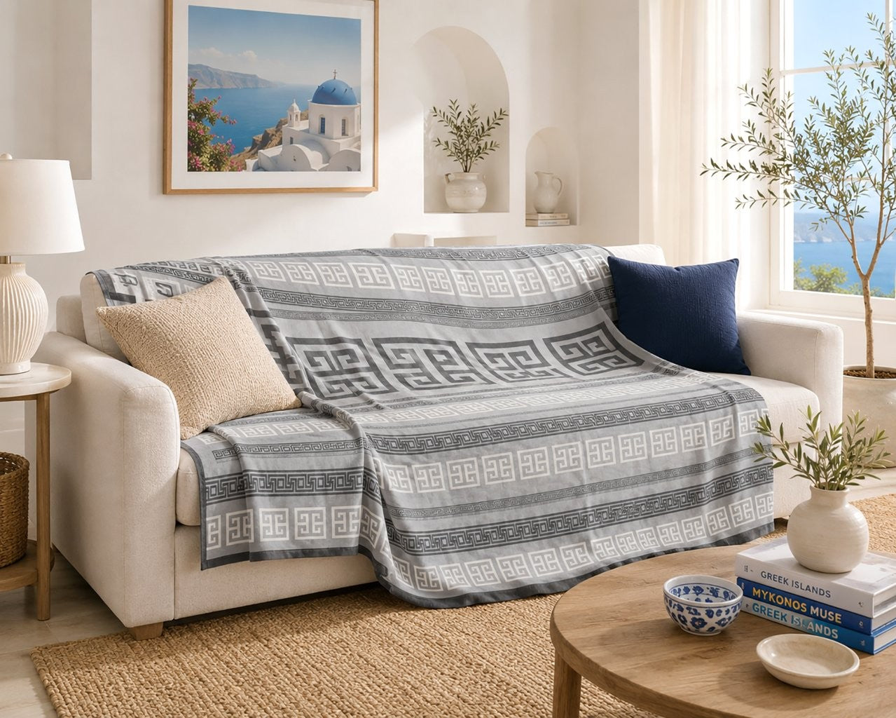 Lexicon Greek Key Throw – Luxury Sherpa Fleece Blanket | Grey, Natural, Charcoal & Black