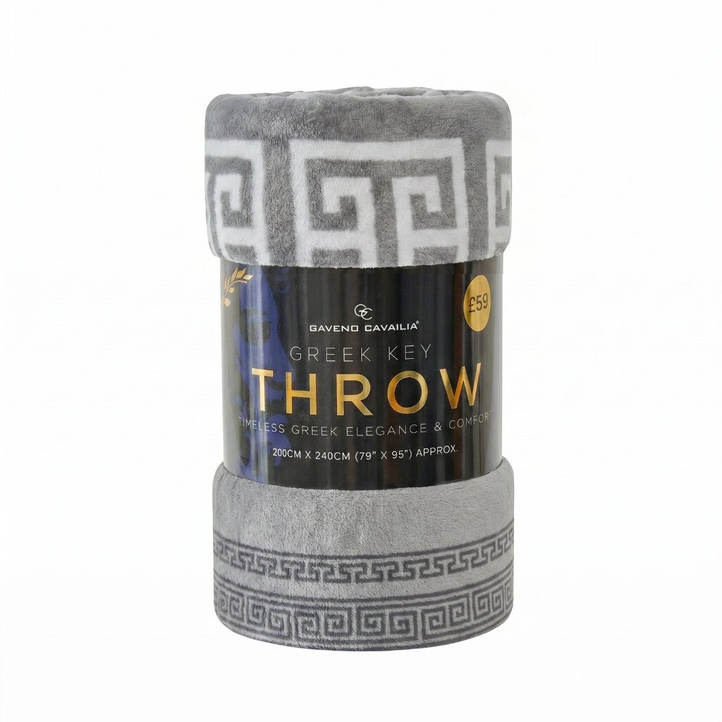 Lexicon Greek Key Throw – Luxury Sherpa Fleece Blanket | Grey, Natural, Charcoal & Black